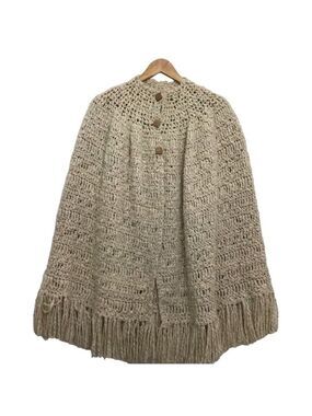 VINTAGE Ruanda crochet handcrafted knit poncho fringe bohemian beige cloak neutr